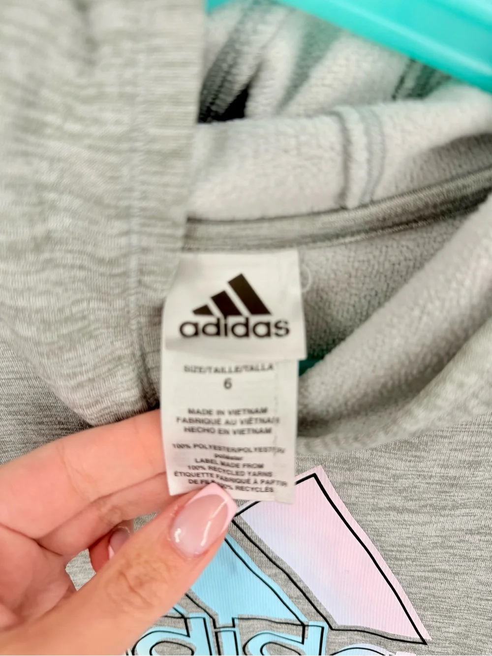 adidas Gray Hoodie with Pastel Blue & Pink Logo